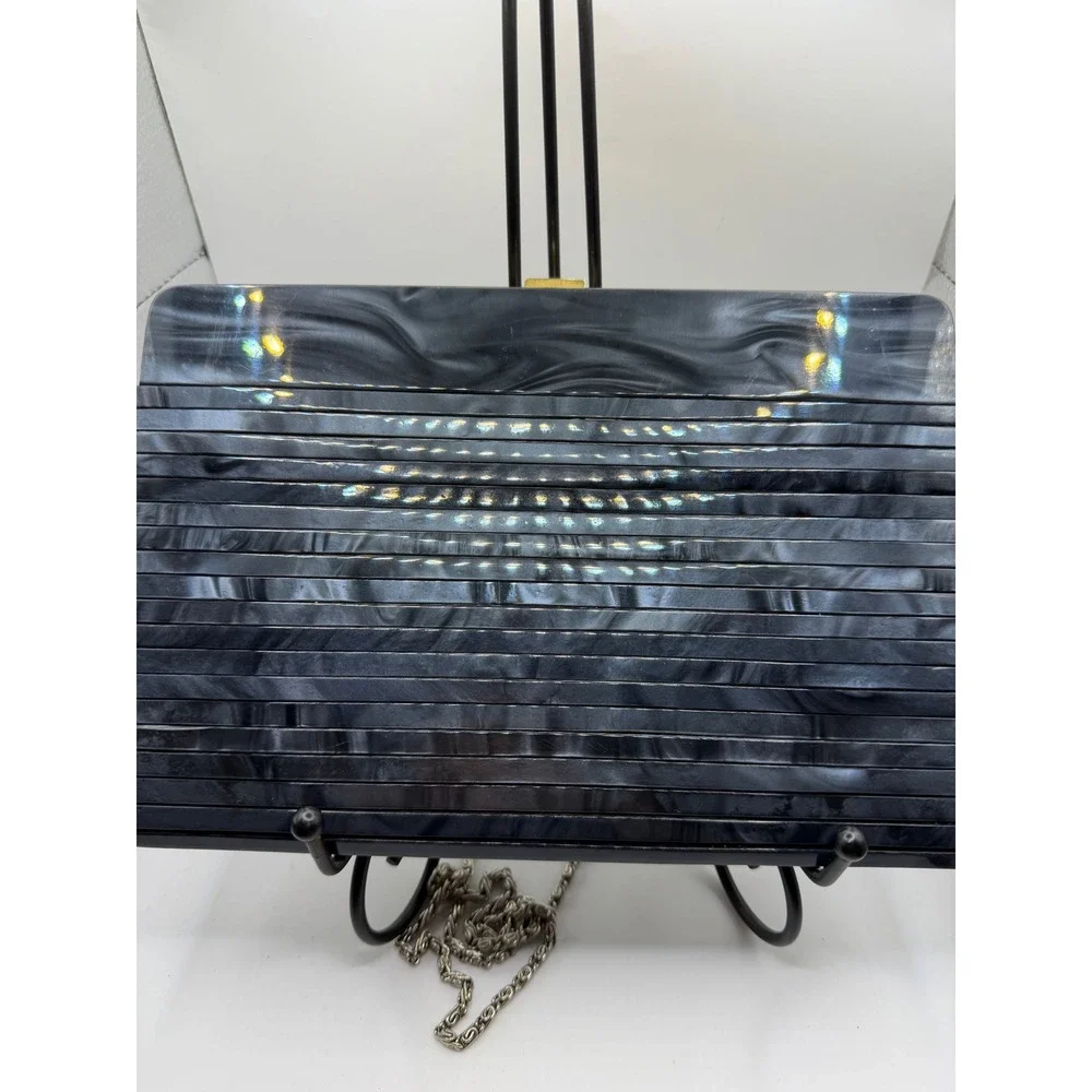 Vintage Marbled Grey Acrylic Ribbed Hard Shell Clutch Evening Bag Gold Clasp